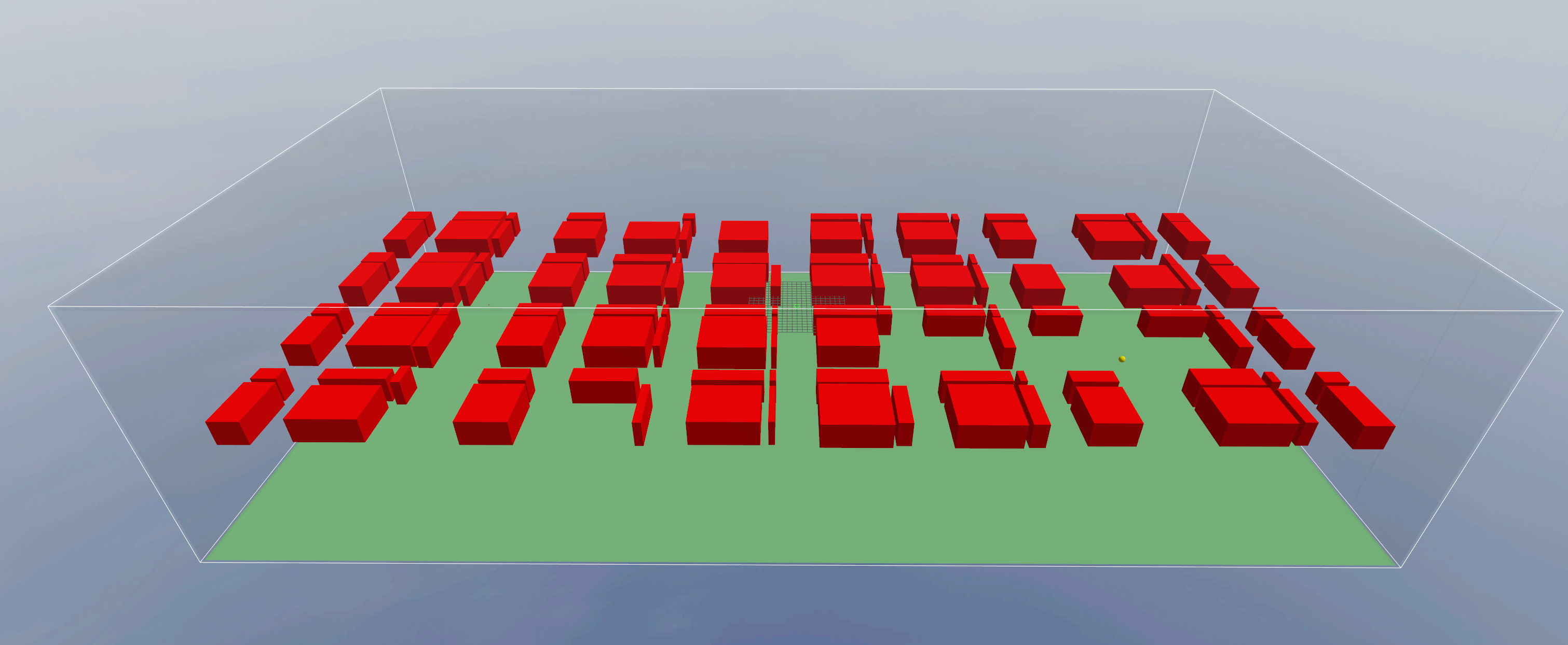 Procedurally generated 200 m × 100 m Manhattan grid: axis-aligned no-fly zones over a ground plane, identical across all four strategies per seed.